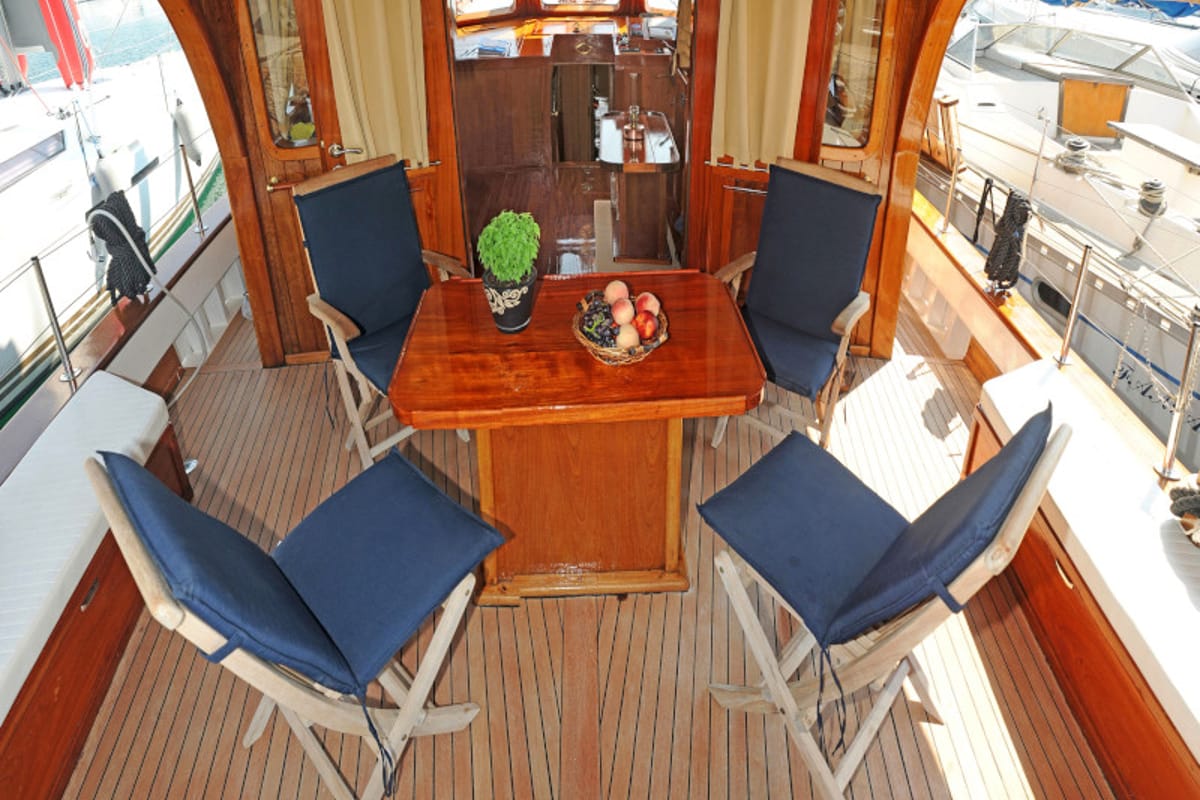 Deck of Aegeas, a Gulet Motor sailer motorboat at Athens, Greece