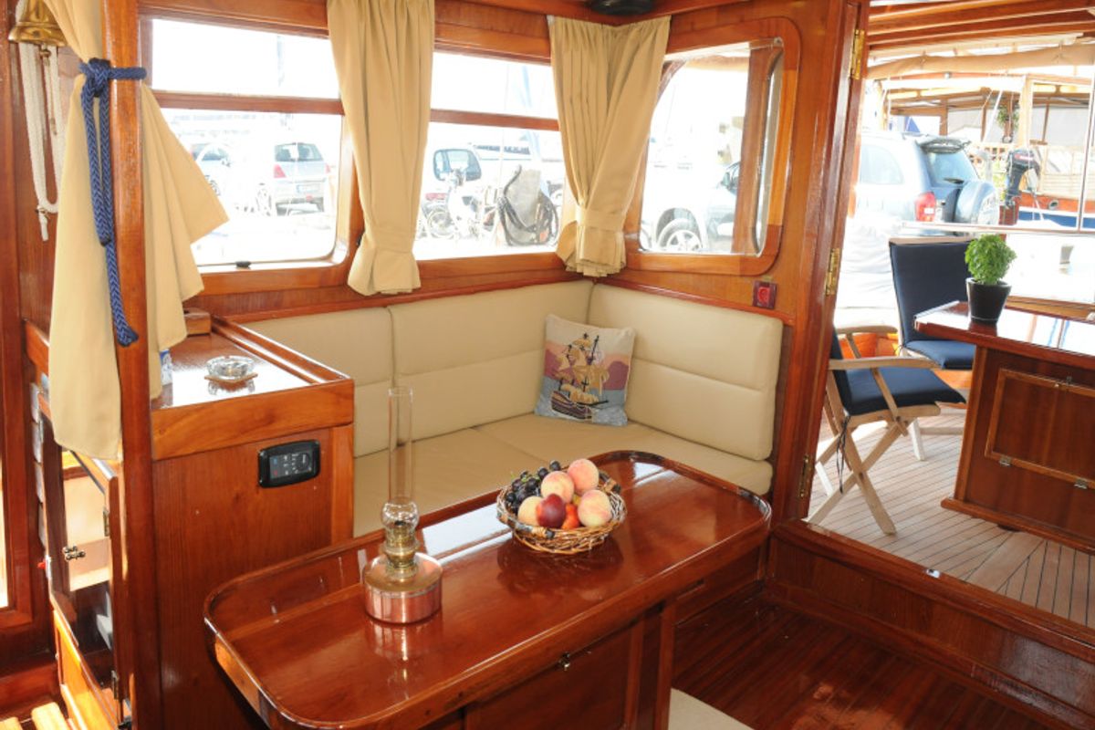 Salon of Aegeas, a Gulet Motor sailer motorboat at Athens, Greece
