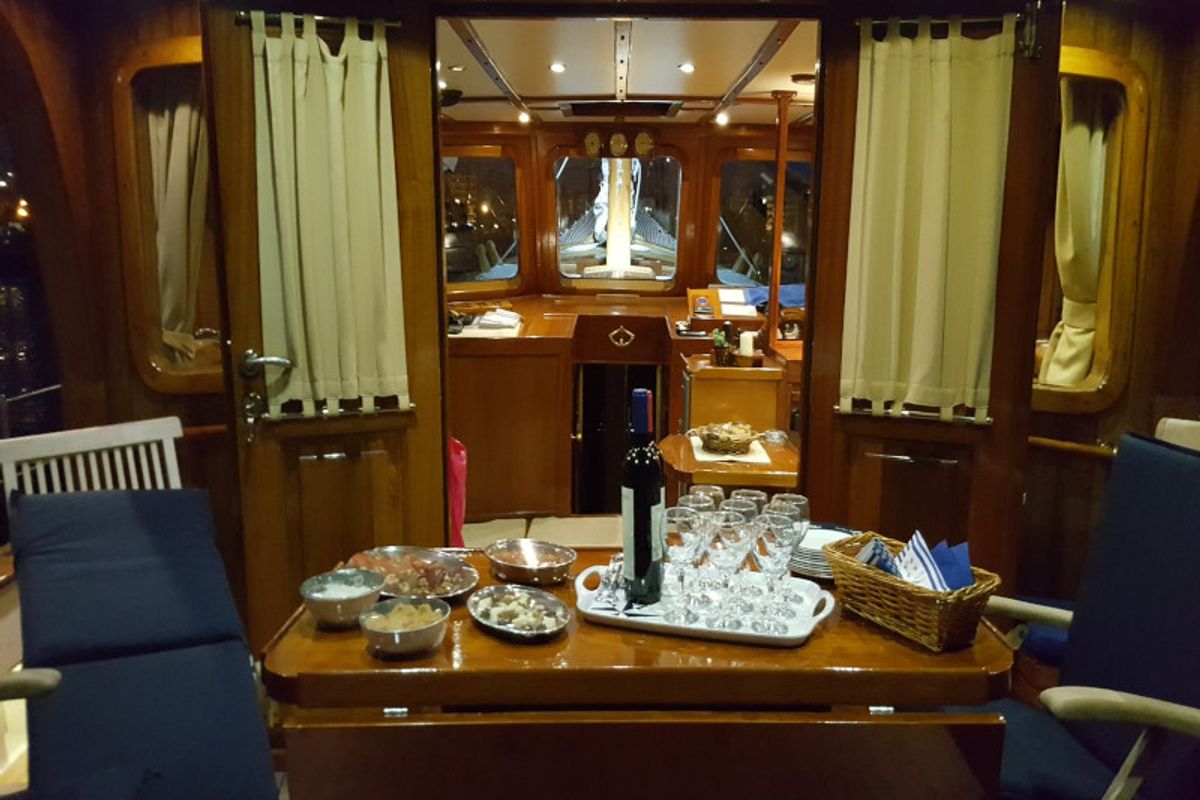 Deck of Aegeas, a Gulet Motor sailer motorboat at Athens, Greece