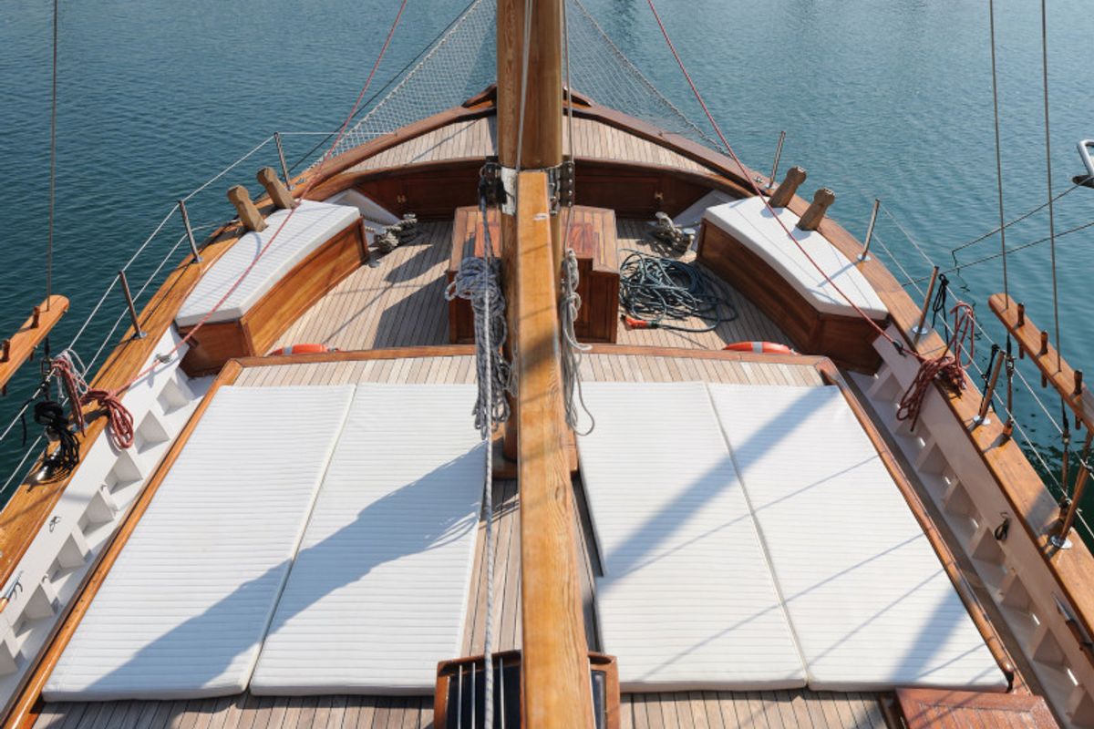 Deck of Aegeas, a Gulet Motor sailer motorboat at Athens, Greece