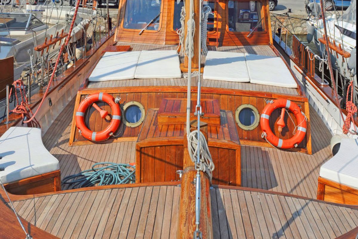 Deck of Aegeas, a Gulet Motor sailer motorboat at Athens, Greece