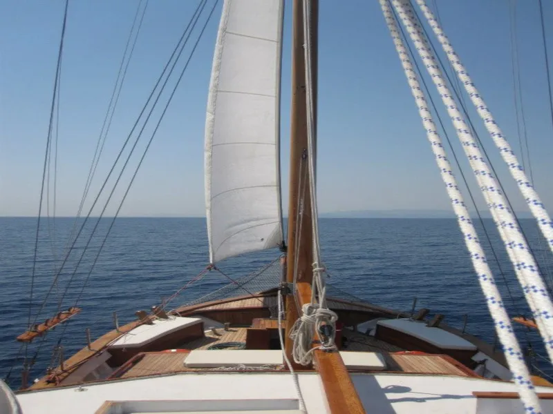 Deck of Aegeas, a Gulet Motor sailer motorboat at Athens, Greece