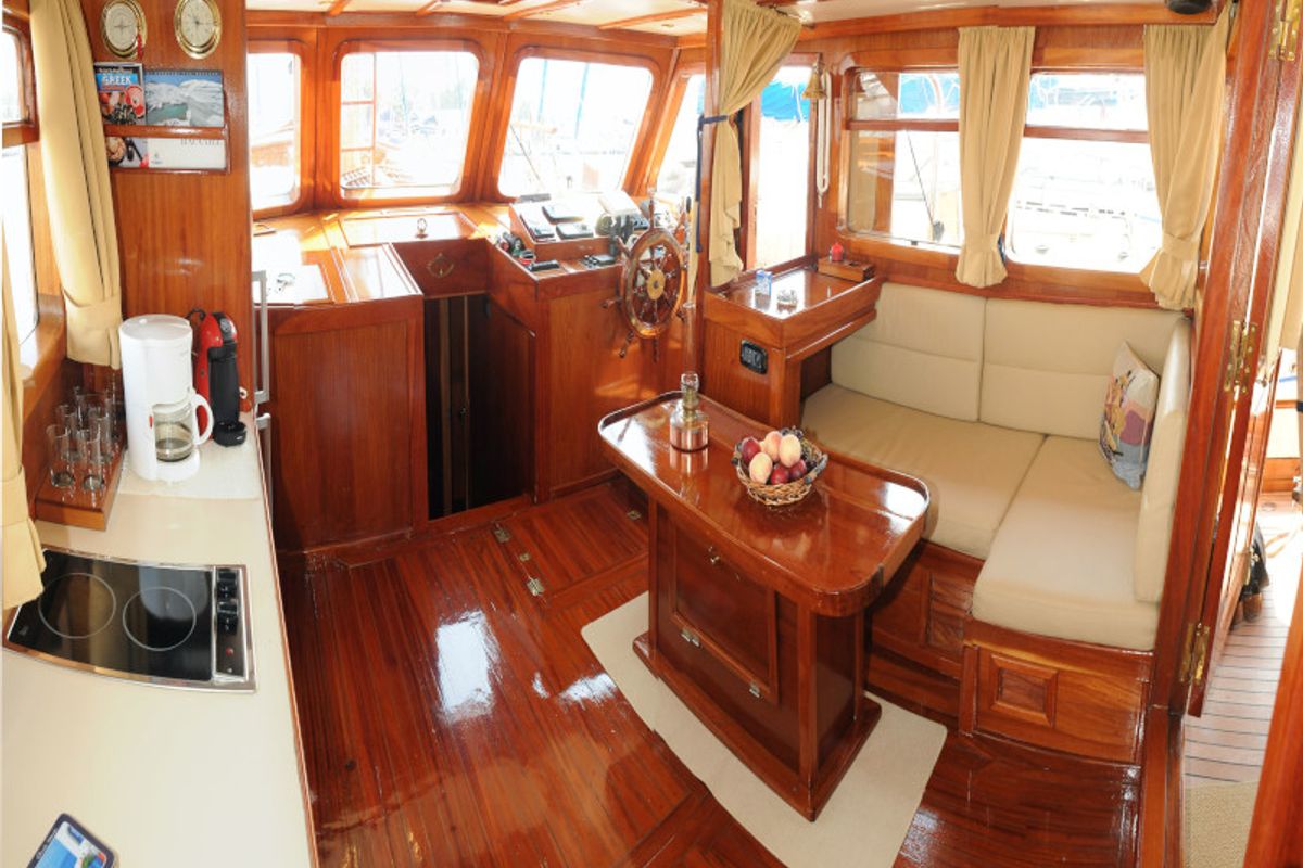 Salon of Aegeas, a Gulet Motor sailer motorboat at Athens, Greece
