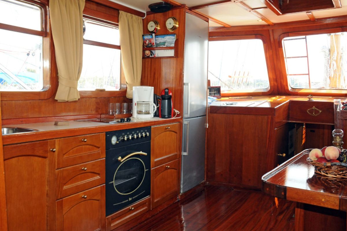 Galley of Aegeas, a Gulet Motor sailer motorboat at Athens, Greece