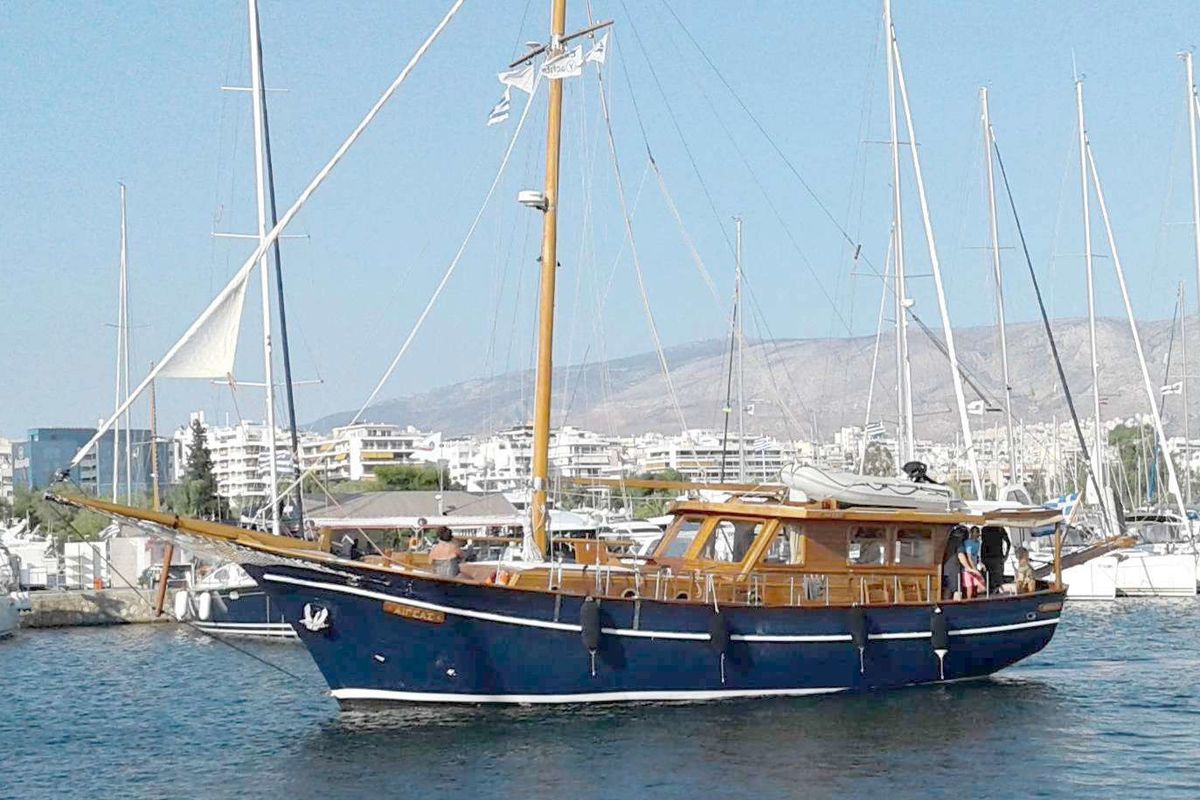 Exterior view of Aegeas, a Gulet Motor sailer motorboat at Athens, Greece