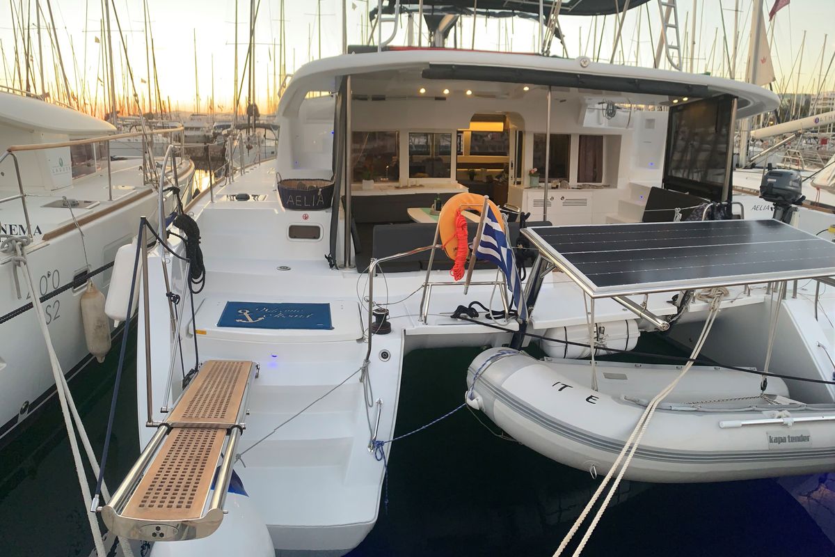 Exterior view of Aelia, a Lagoon 450 Fly catamaran at Athens, Greece