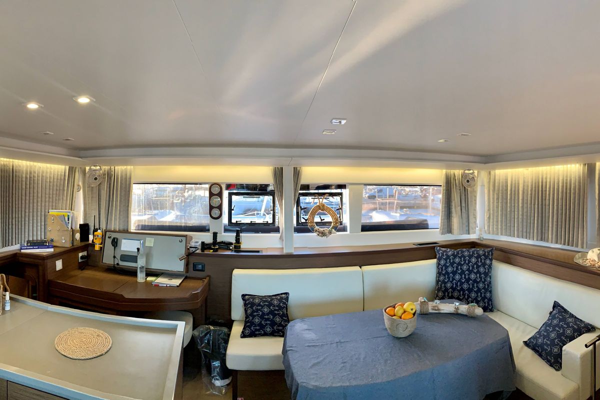 Salon of Aelia, a Lagoon 450 Fly catamaran at Athens, Greece