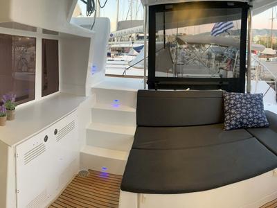 Deck of Aelia, a Lagoon 450 Fly catamaran at Athens, Greece