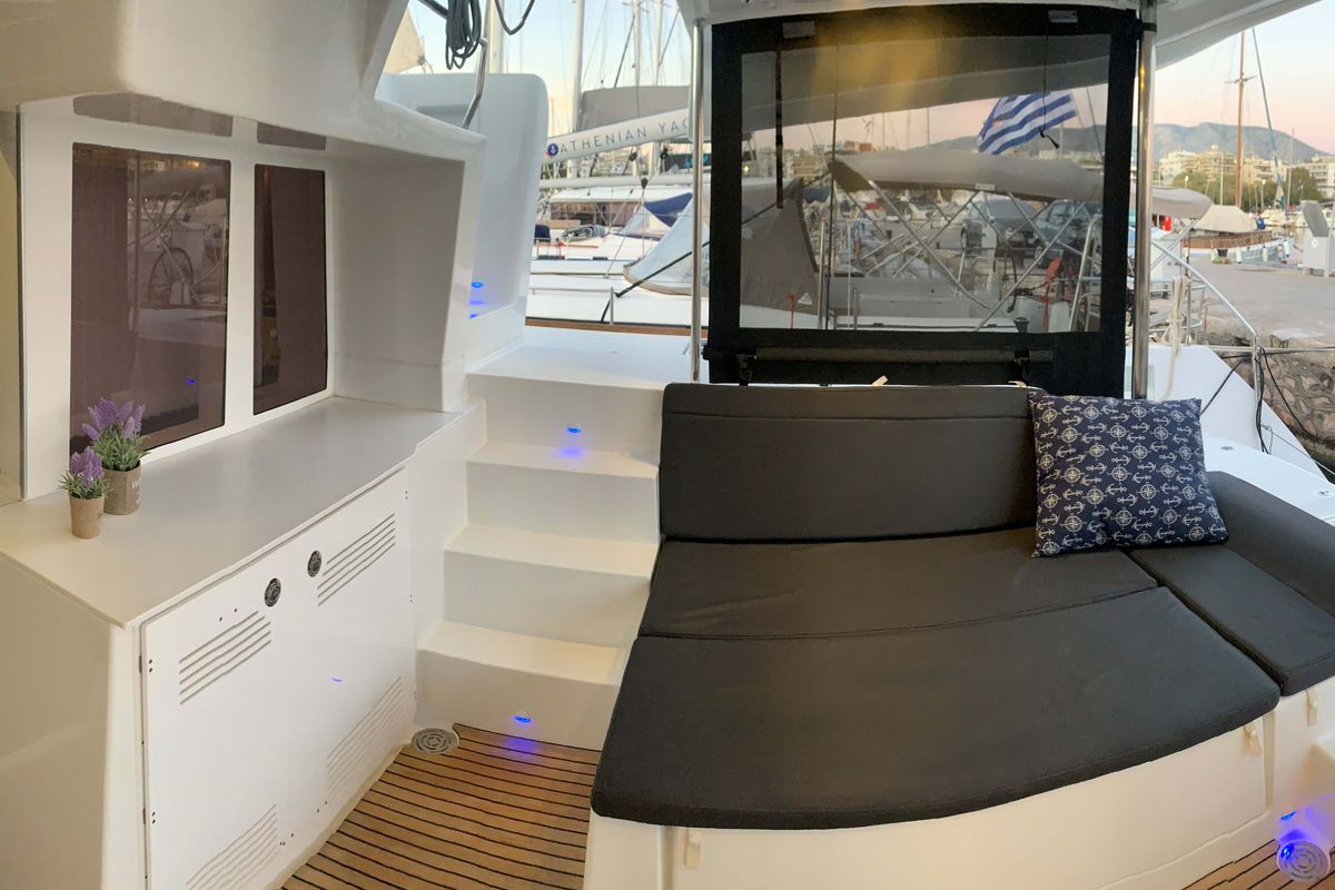 Deck of Aelia, a Lagoon 450 Fly catamaran at Athens, Greece
