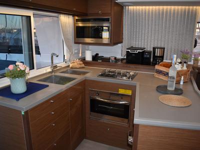 Galley of Aelia, a Lagoon 450 Fly catamaran at Athens, Greece