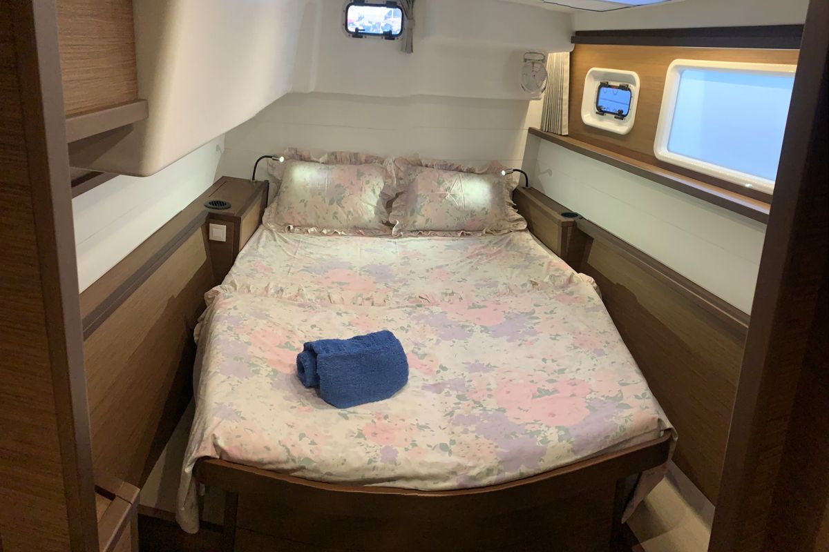 Cabin on Aelia, a Lagoon 450 Fly catamaran at Athens, Greece