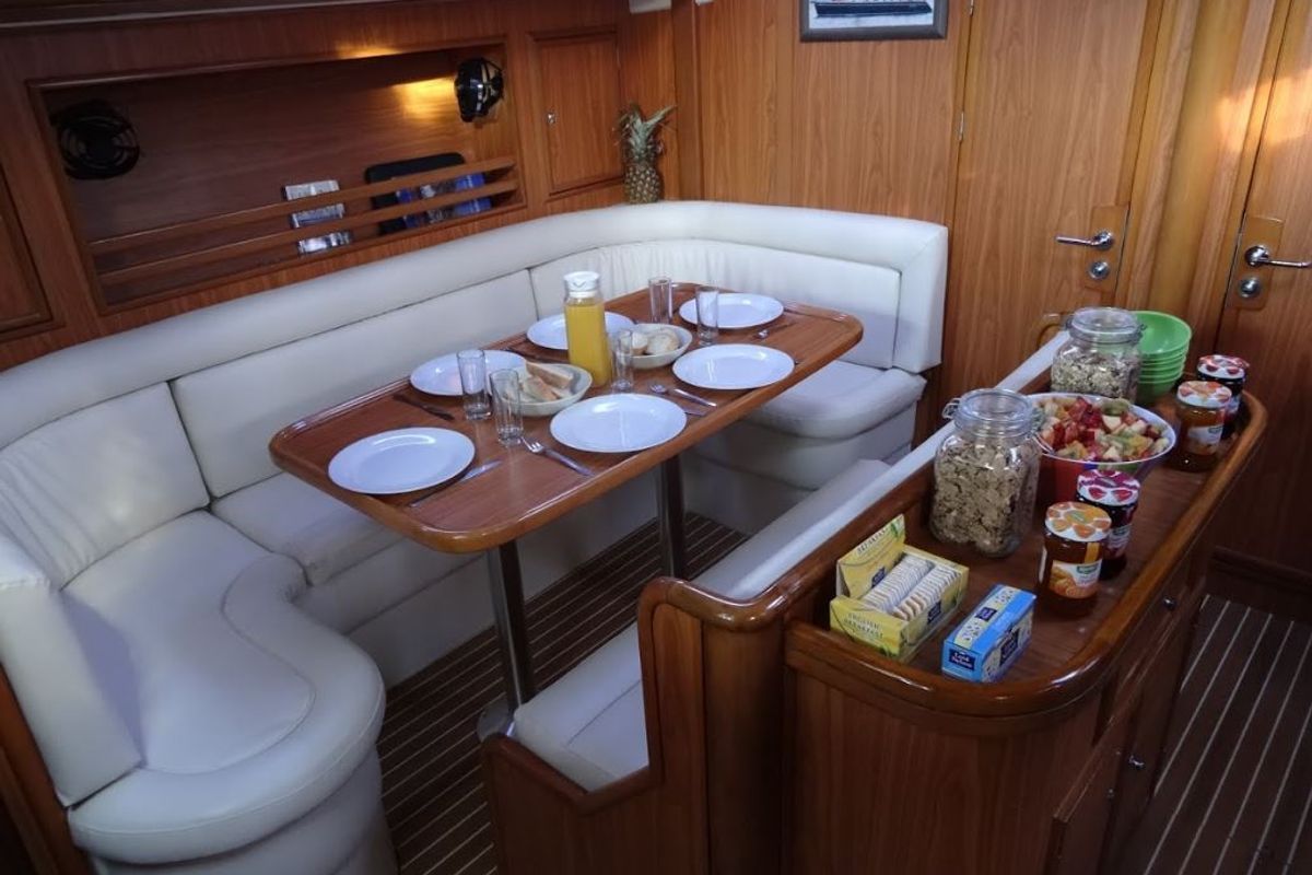 Salon of Blue Marlin, a Ocean Star 51.1 sailboat at Mykonos, Greece