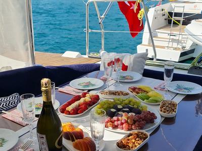 Deck of Aloha, a Lagoon 410 S2 catamaran at Fethiye, Turkey