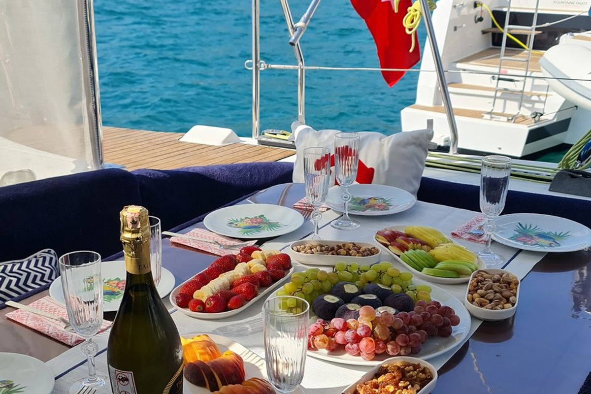 Deck of Aloha, a Lagoon 410 S2 catamaran at Fethiye, Turkey