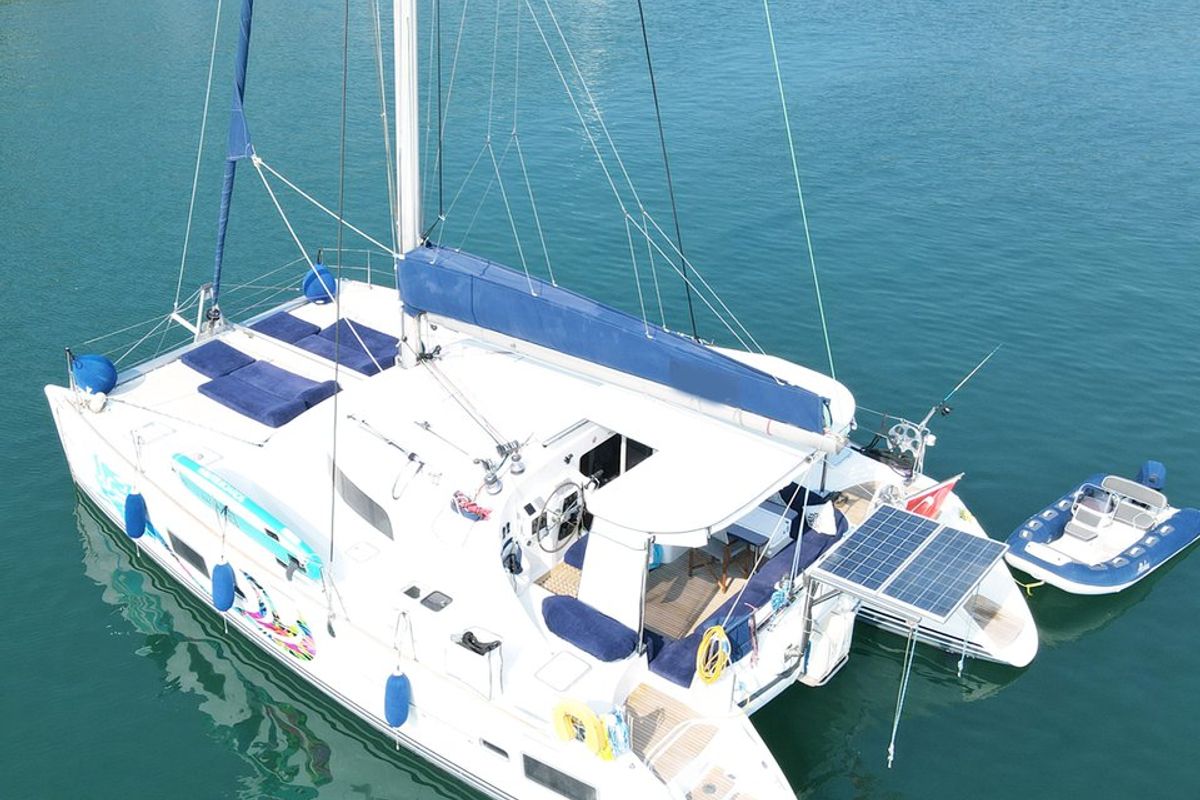 Exterior view of Aloha, a Lagoon 410 S2 catamaran at Fethiye, Turkey
