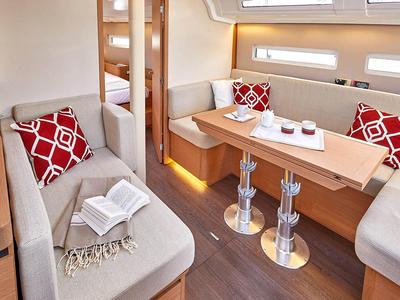 Salon of Hygge, a Jeanneau Sun Odyssey 410 sailboat at Athens, Greece