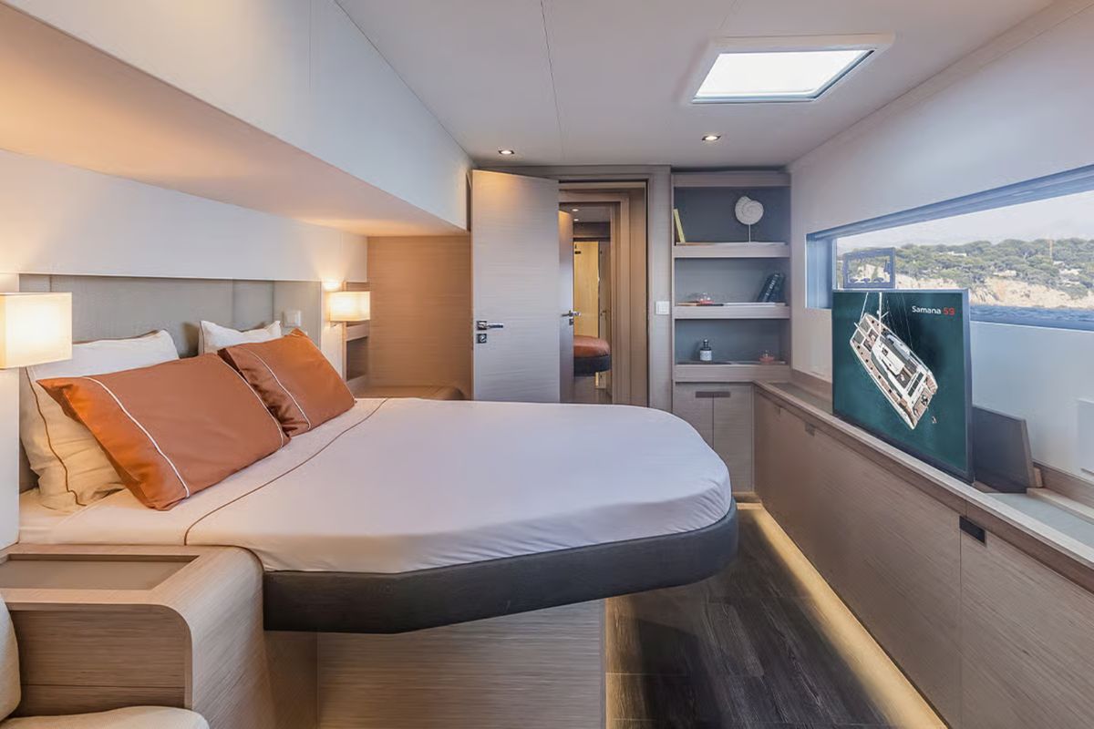 Cabin on Caffè di Sicilia, a Fountaine Pajot Samana 59 catamaran at Palermo, Italy