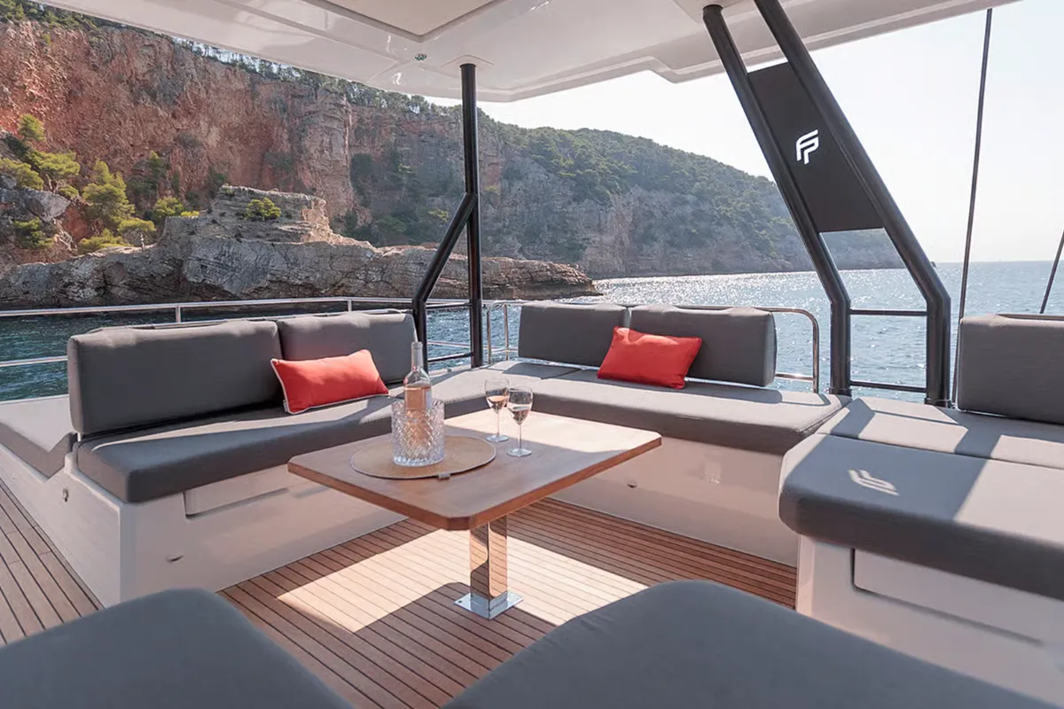 Deck of Caffè di Sicilia, a Fountaine Pajot Samana 59 catamaran at Palermo, Italy