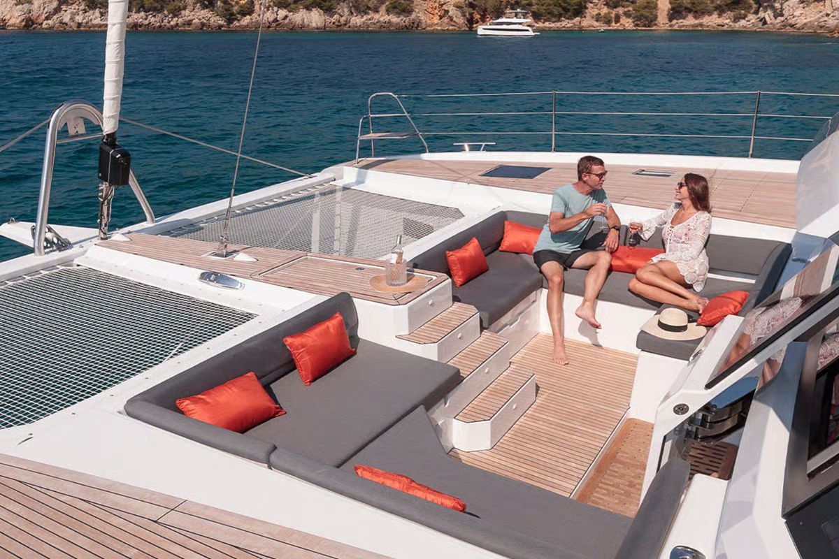 Deck of Caffè di Sicilia, a Fountaine Pajot Samana 59 catamaran at Palermo, Italy