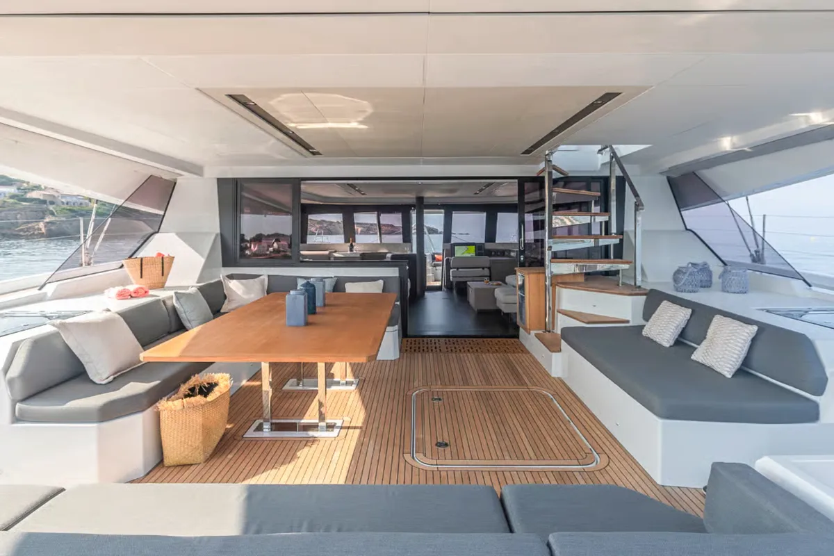 Deck of Caffè di Sicilia, a Fountaine Pajot Samana 59 catamaran at Palermo, Italy