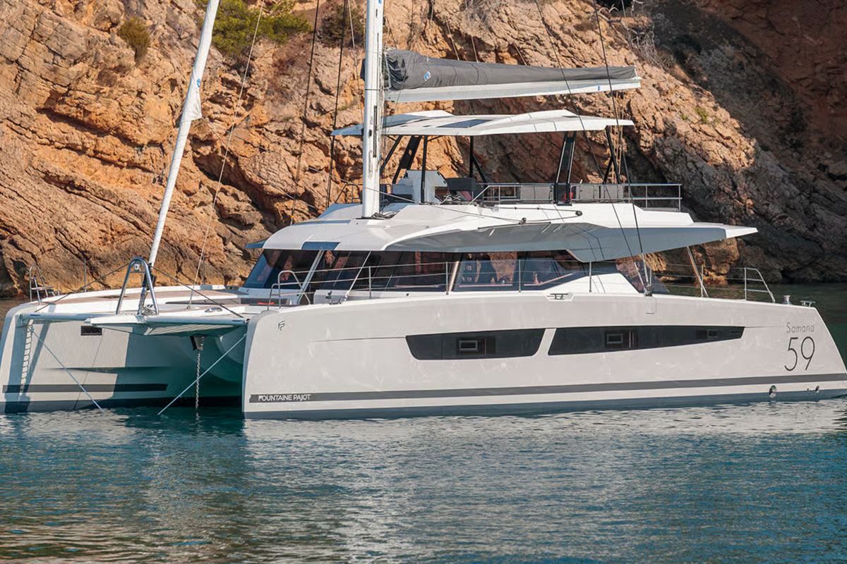 Exterior view of Caffè di Sicilia, a Fountaine Pajot Samana 59 catamaran at Palermo, Italy