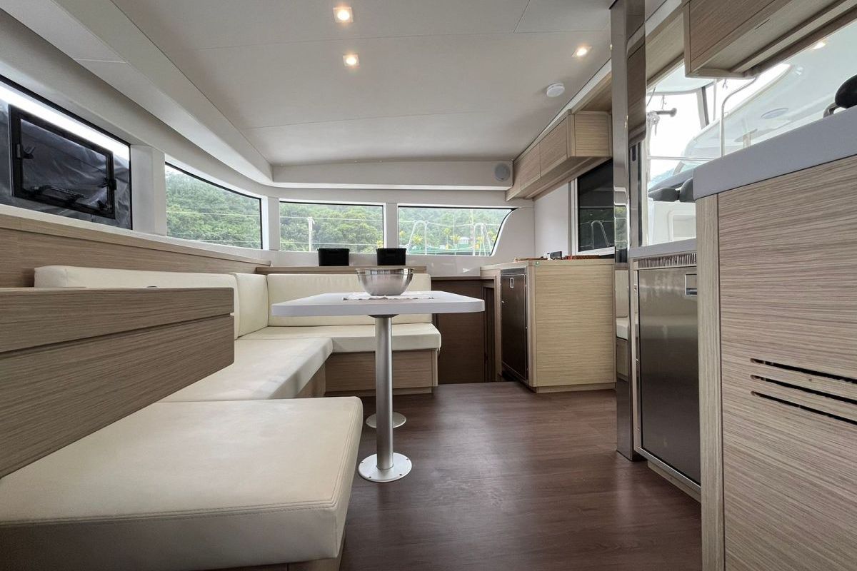 Salon of Balacobaco, a Lagoon 40 catamaran at Paraty, Brazil