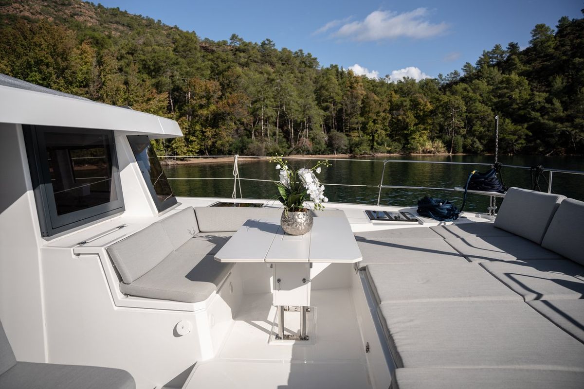 Deck of Resif, a Bali 4.8 OW catamaran at Fethiye, Turkey