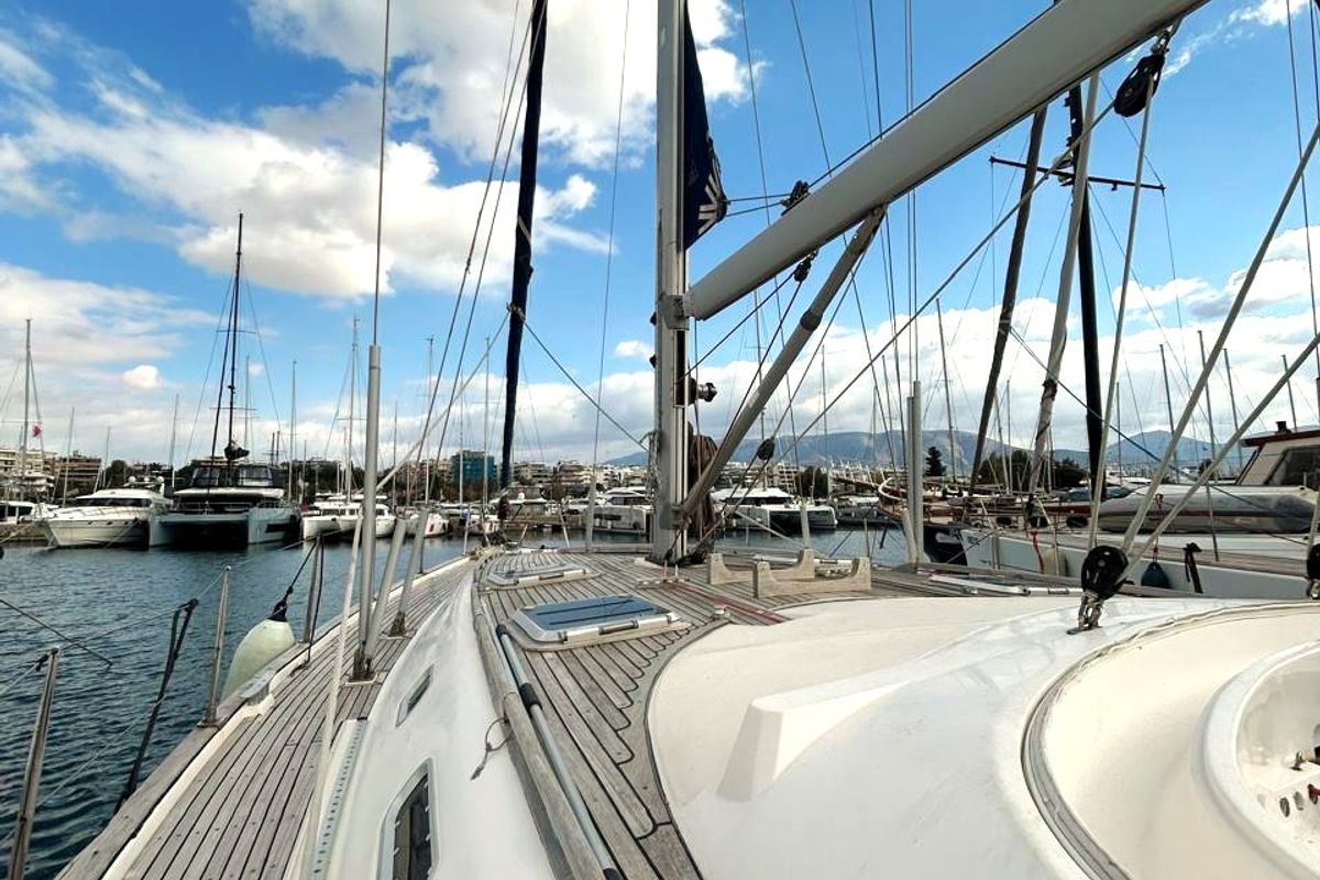 Deck of Alexandros II, a Ocean Star 56.1 sailboat at Athens, Greece