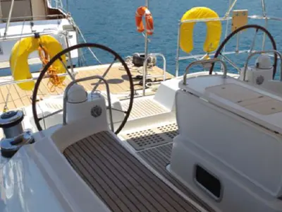 Cockpit of Big Fella Thanks, a Jeanneau 53 sailboat at Kalkara, Malta