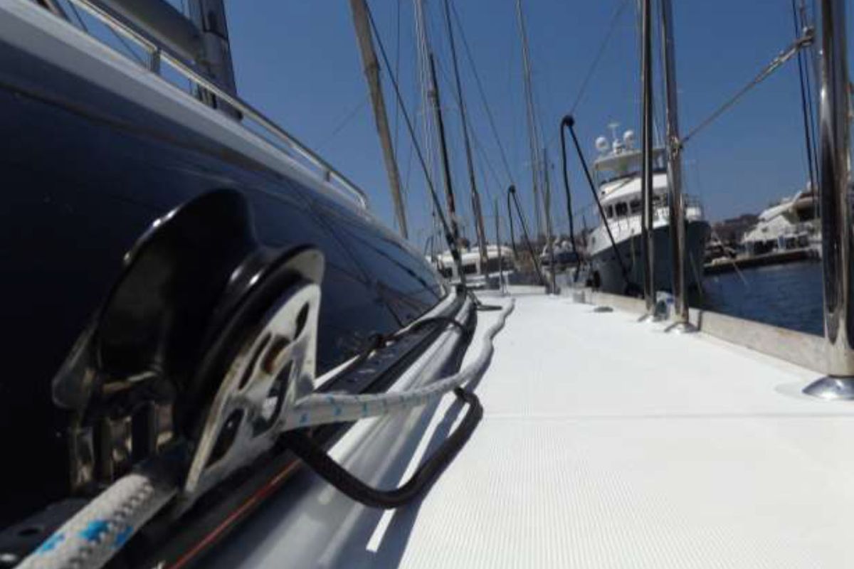 Deck of Big Fella Thanks, a Jeanneau 53 sailboat at Kalkara, Malta