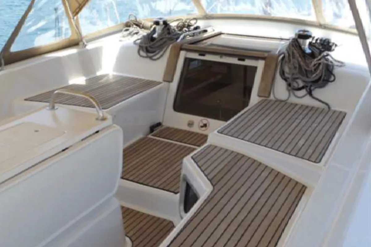 Cockpit of Big Fella Thanks, a Jeanneau 53 sailboat at Kalkara, Malta