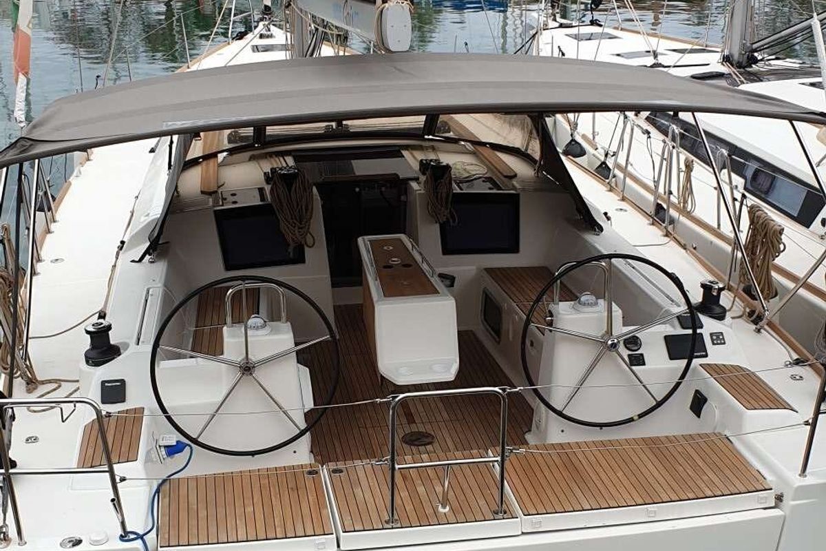 Cockpit of Diego, a Dufour 460 GL sailboat at Tonnarella, Italy
