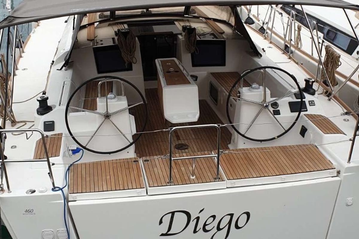 Cockpit of Diego, a Dufour 460 GL sailboat at Tonnarella, Italy