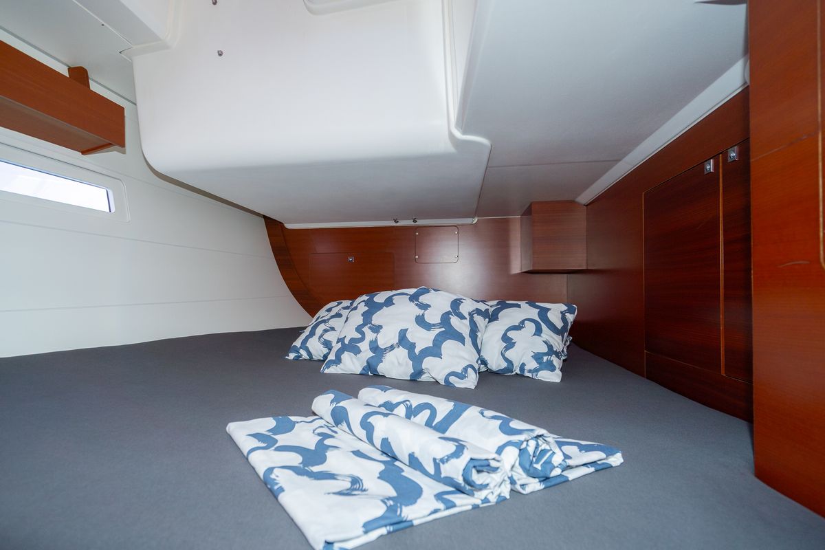 Cabin on Apus, a Dufour 412 Grand large sailboat at Grad Pula, Croatia