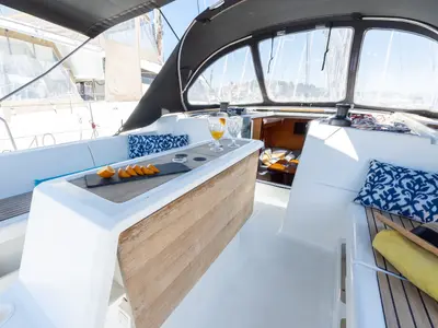 Deck of Apus, a Dufour 412 Grand large sailboat at Grad Pula, Croatia