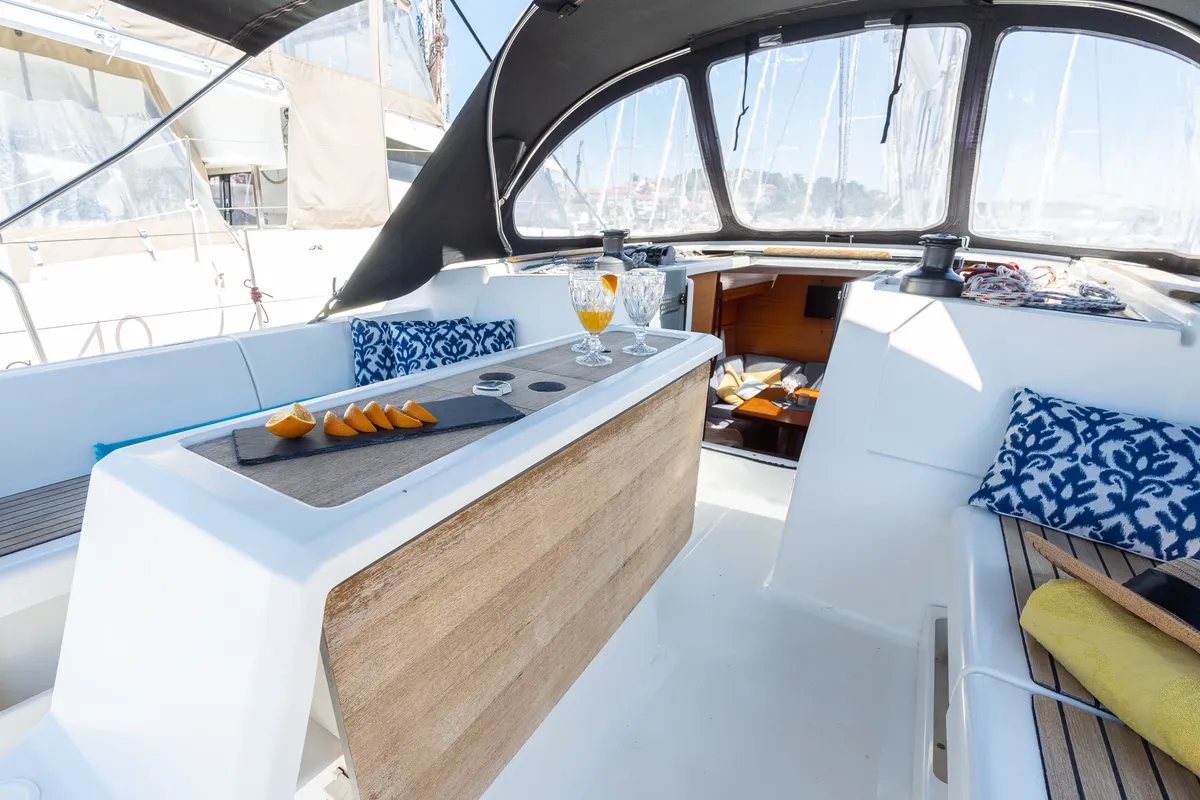 Deck of Apus, a Dufour 412 Grand large sailboat at Grad Pula, Croatia