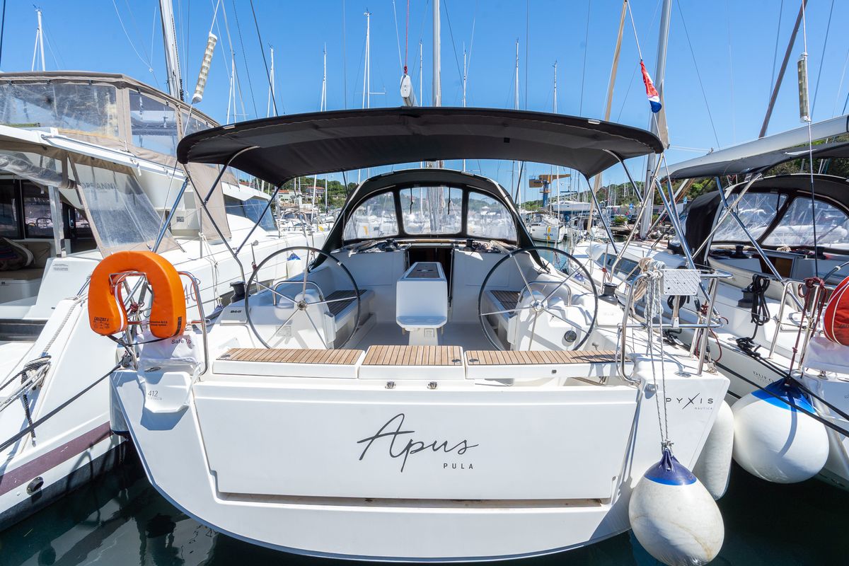 Exterior view of Apus, a Dufour 412 Grand large sailboat at Grad Pula, Croatia