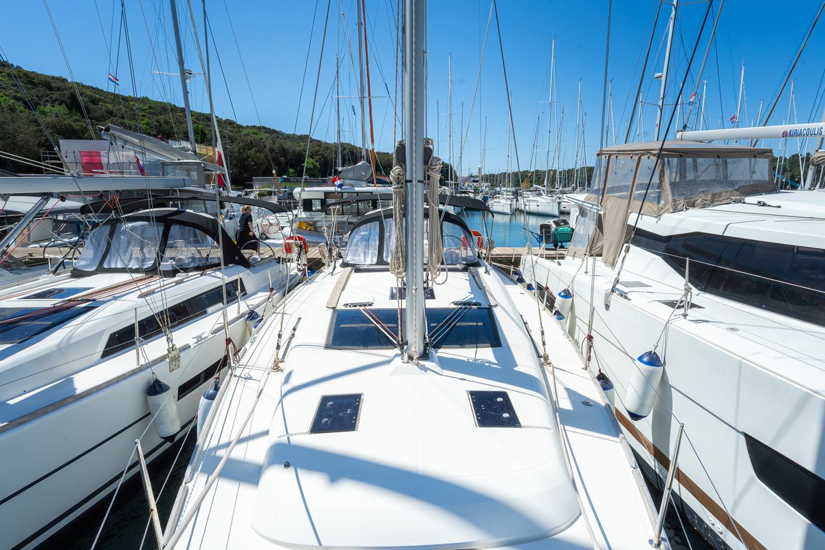Exterior view of Apus, a Dufour 412 Grand large sailboat at Grad Pula, Croatia