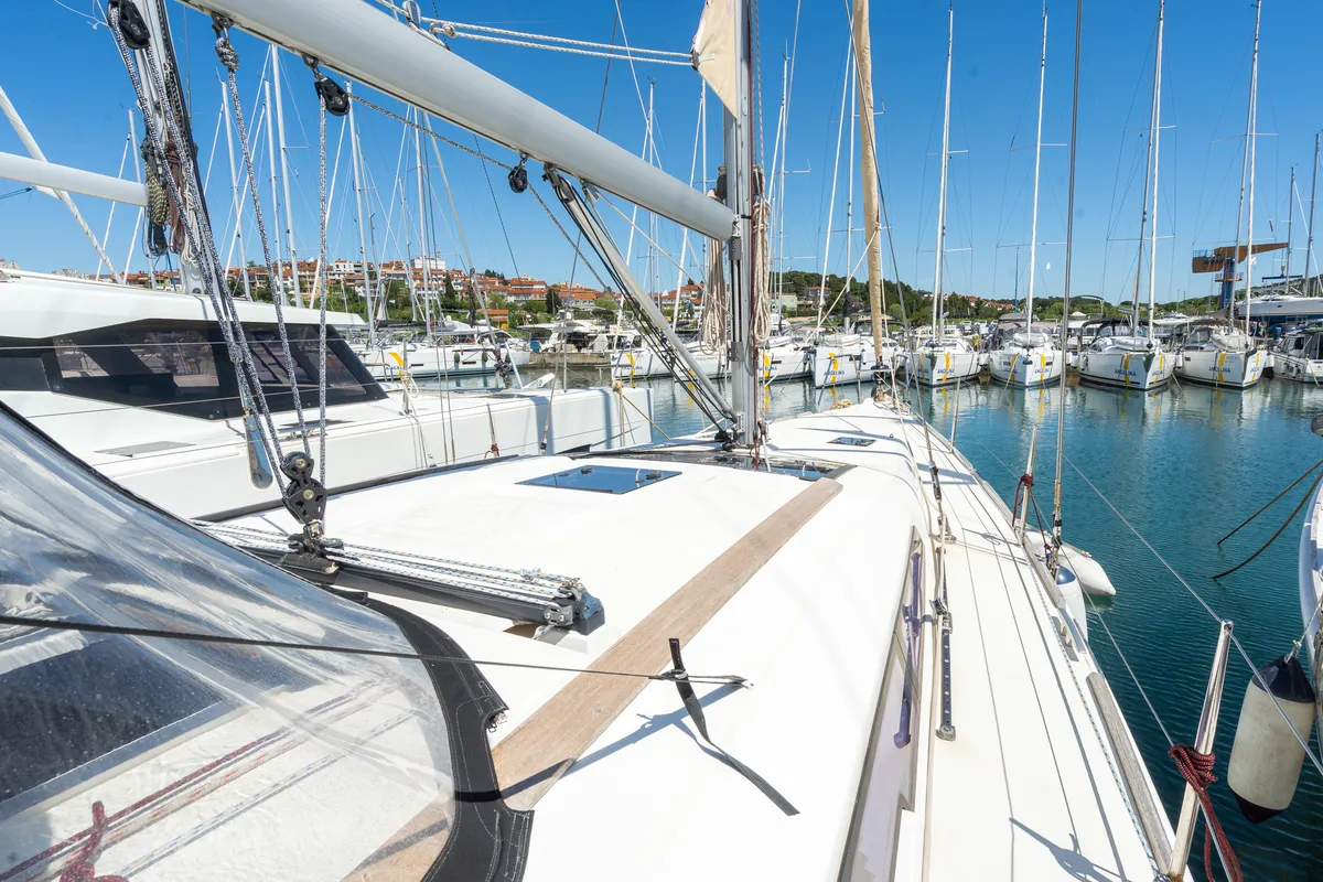 Exterior view of Apus, a Dufour 412 Grand large sailboat at Grad Pula, Croatia