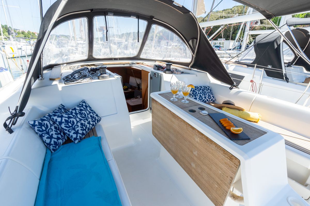 Deck of Apus, a Dufour 412 Grand large sailboat at Grad Pula, Croatia