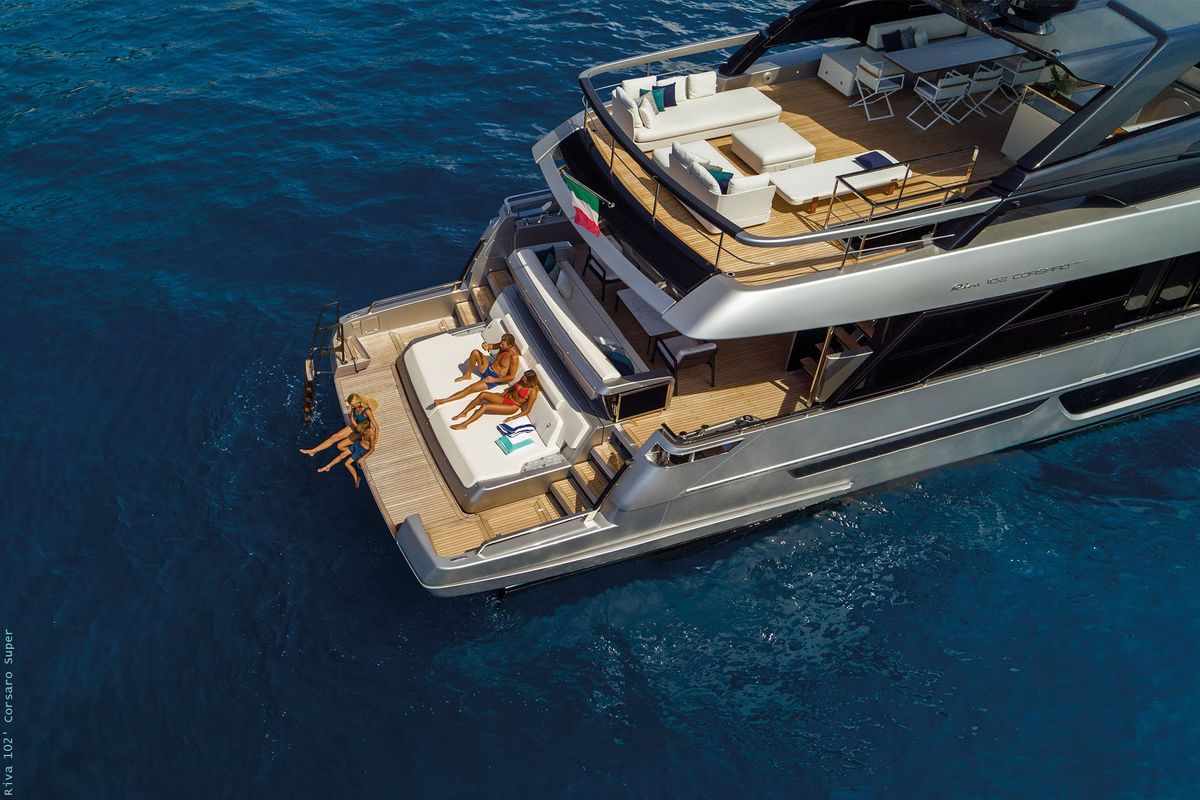 Exterior view of Icona, a Riva 102 Corsaro Super yacht at Mandelieu-la-Napoule, France