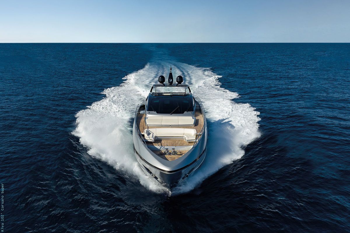 Exterior view of Icona, a Riva 102 Corsaro Super yacht at Mandelieu-la-Napoule, France