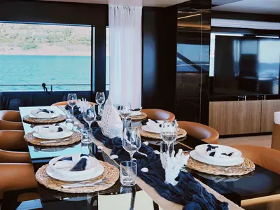 Salon of Icona, a Riva 102 Corsaro Super yacht at Mandelieu-la-Napoule, France