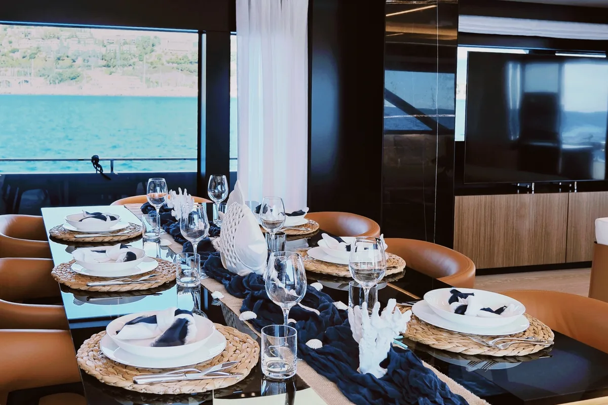 Salon of Icona, a Riva 102 Corsaro Super yacht at Mandelieu-la-Napoule, France