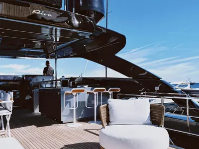 Deck of Icona, a Riva 102 Corsaro Super yacht at Mandelieu-la-Napoule, France