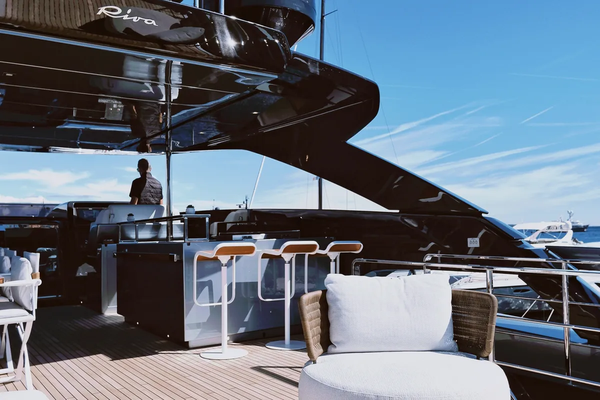 Deck of Icona, a Riva 102 Corsaro Super yacht at Mandelieu-la-Napoule, France