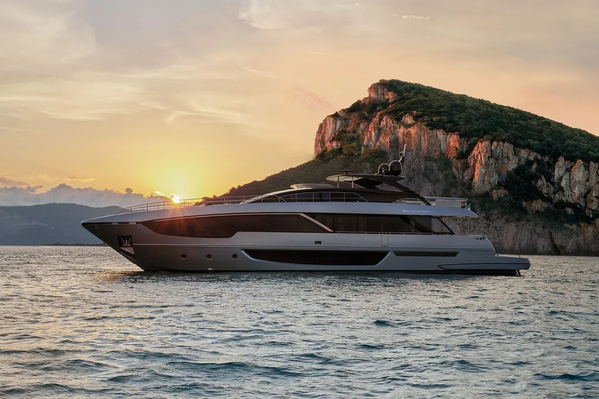 Exterior view of Icona, a Riva 102 Corsaro Super yacht at Mandelieu-la-Napoule, France