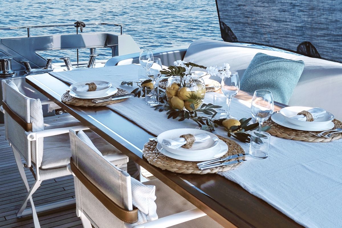 Deck of Icona, a Riva 102 Corsaro Super yacht at Mandelieu-la-Napoule, France