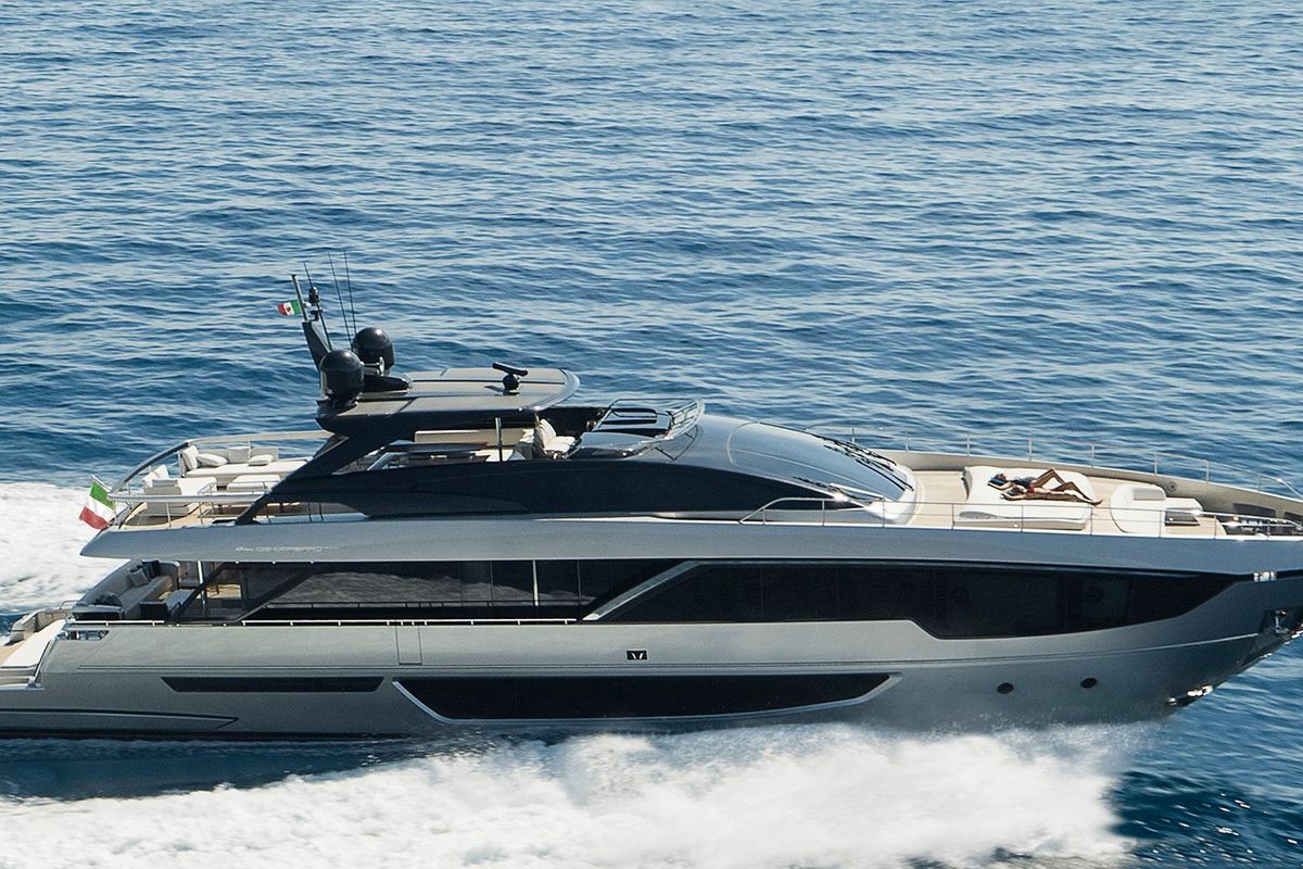 Exterior view of Icona, a Riva 102 Corsaro Super yacht at Mandelieu-la-Napoule, France