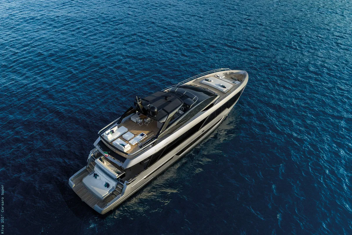 Exterior view of Icona, a Riva 102 Corsaro Super yacht at Mandelieu-la-Napoule, France